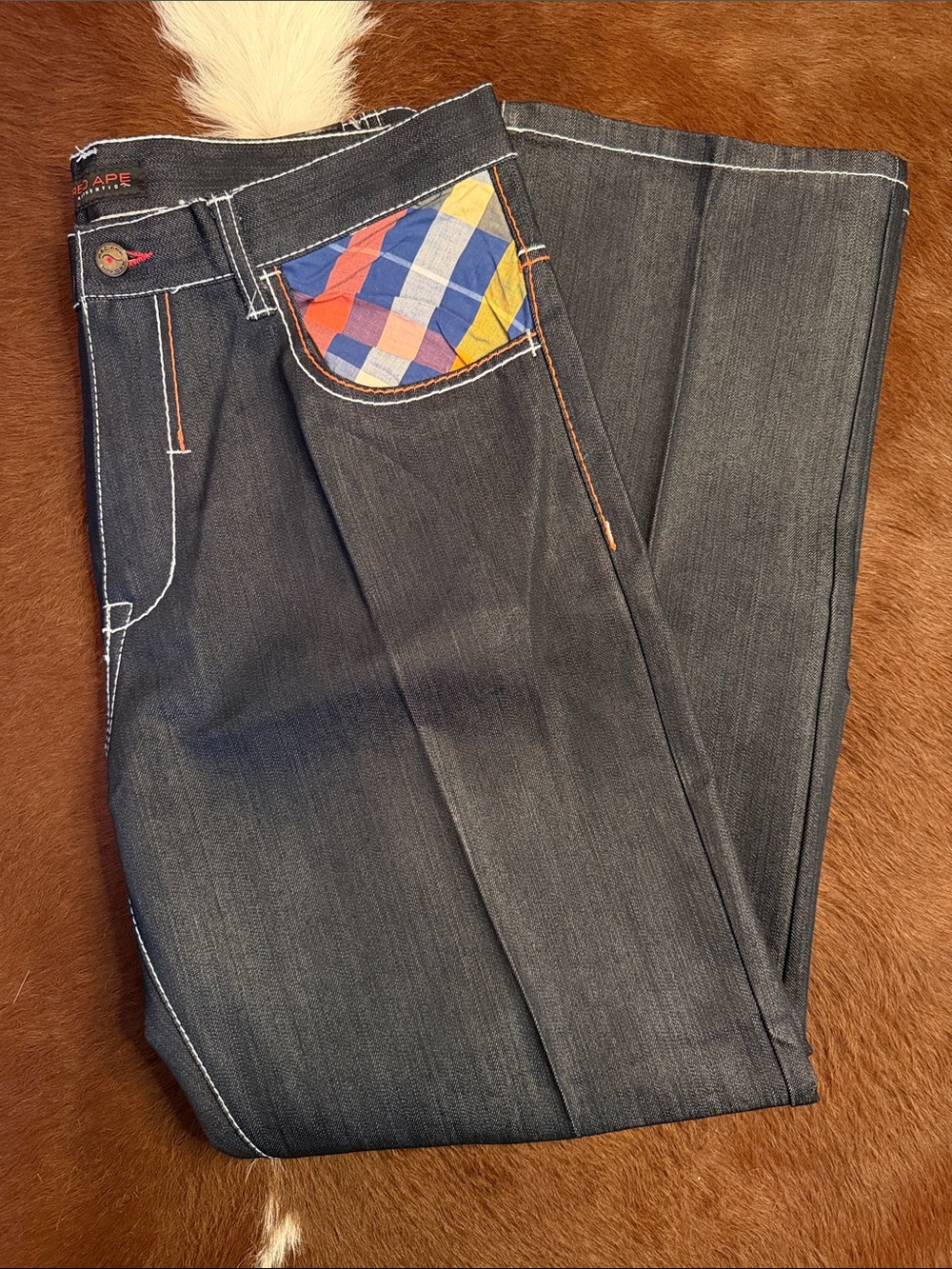 Vintage Red Ape Authentic Y2K Baggy Jeans Dark Wash Plaid Patchwork Sz (36x32)